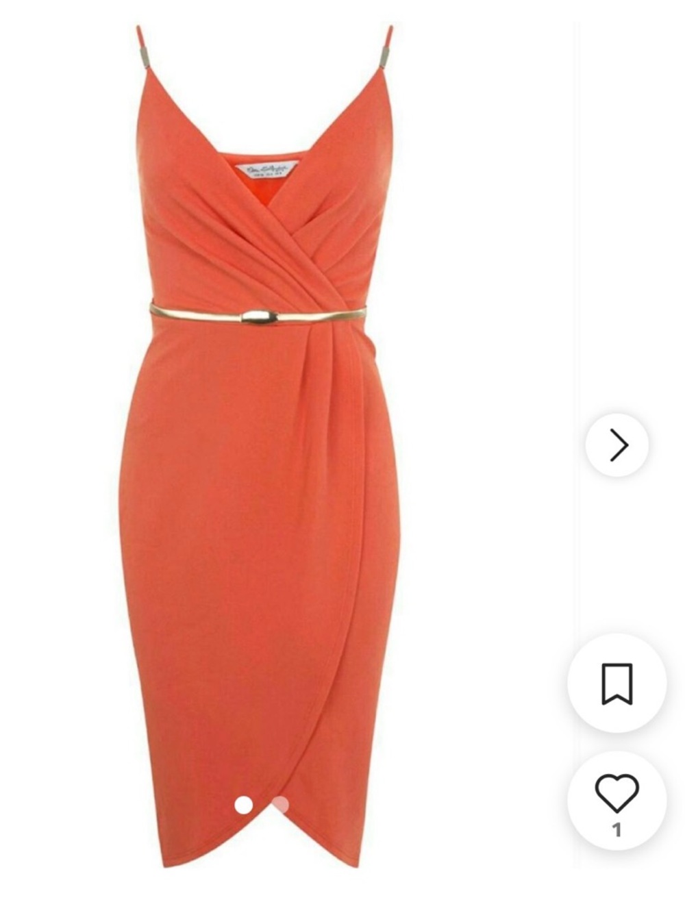 Miss Selfridge Coral Wrap Slip Dress. Gold belt included. Sz 12